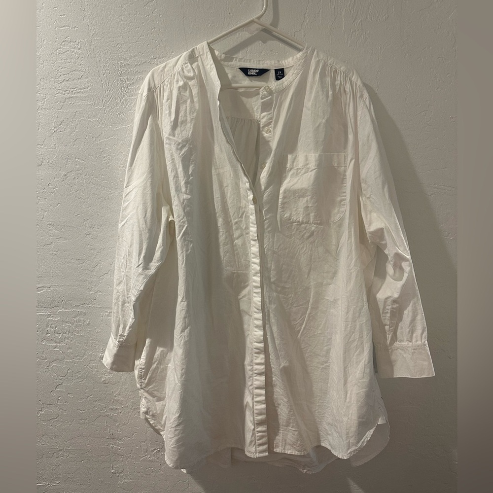 Lands End Long Button-Down w/ Mandarin Collar